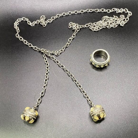 Karen Kane signed lariat necklace ring silver tone rhinestones white pear shape - Picture 10 of 16